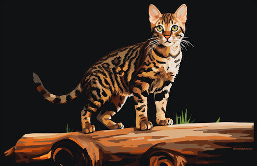 Sambar leopard cat walking on tree stump