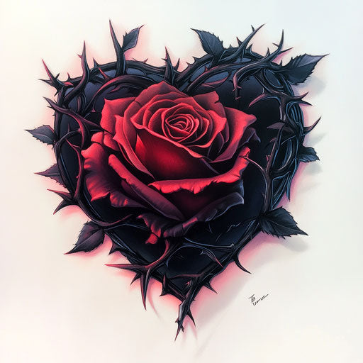 Black rose with thorns in heart shape, red and pink
