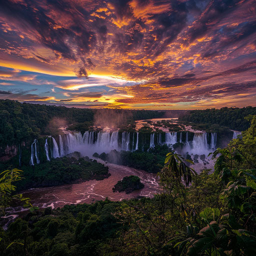 Iguazu Falls under a vibrant sky with lush surroundings