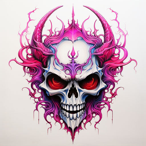 Black skull tattoo drawing on paper, Rodney Matthews style, light gray and magenta