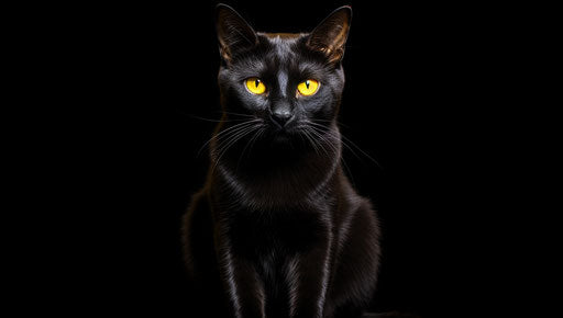 Elderly black cat with yellow eyes in front of dark background