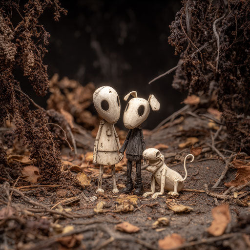 A small skeletal dog statue at the couple's feet