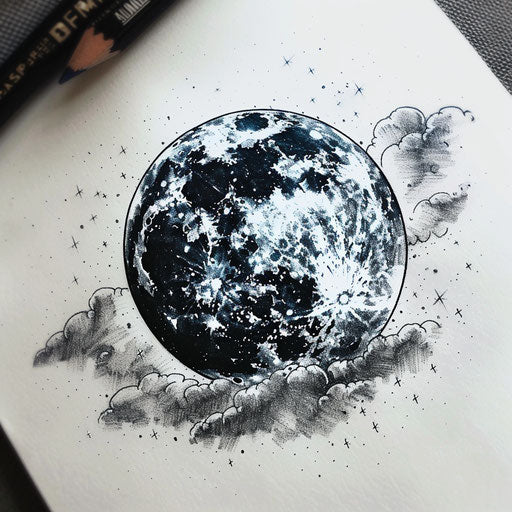 Gothic style tattoo drawing of a dark moon amidst a cloud of stars, showcased on a white canvas.