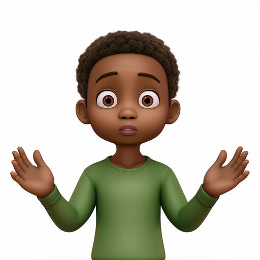 Puzzled black boy in green shirt on white background