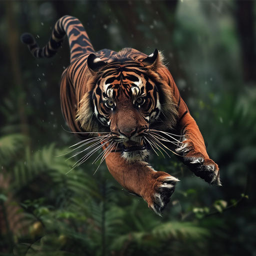 Sumatran tiger leaping to catch prey