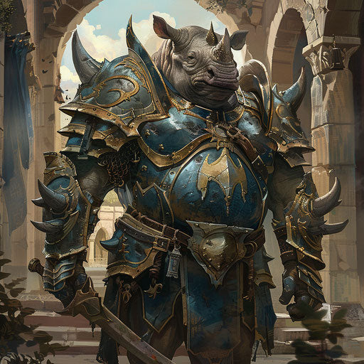 Armored rhino warrior in a fantasy setting ready for battle
