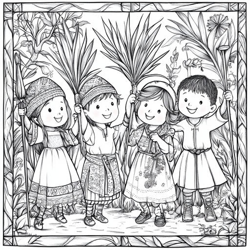 Whimsical children celebrating Palm Sunday in the style of Mindy Sommers, Coloring book page