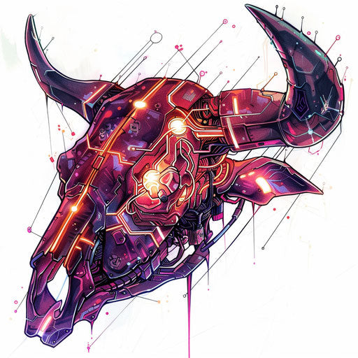 Cyberpunk bull skull with neon lights and futuristic patterns