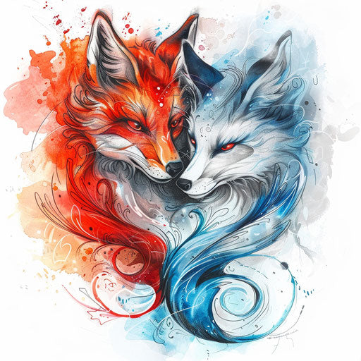 Fox tattoo design merging fire and ice elements on white