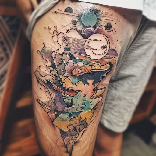 Surreal flat tattoo sketch of a chaotic dreamscape