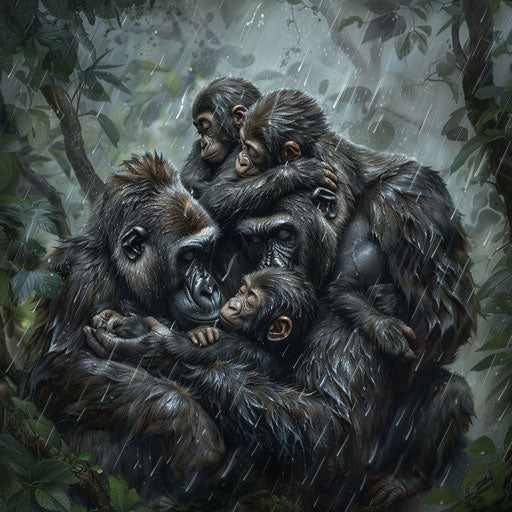 Gorilla family in a storm, seeking comfort