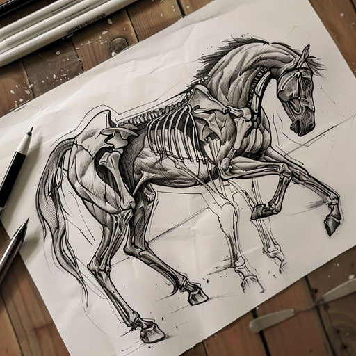 Flat tattoo sketch of a powerful dark horse with muscle outlines emphasized