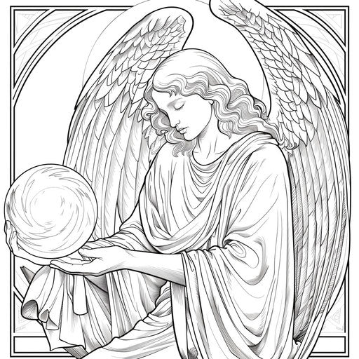 Serene angel holding glowing orb, coloring book page