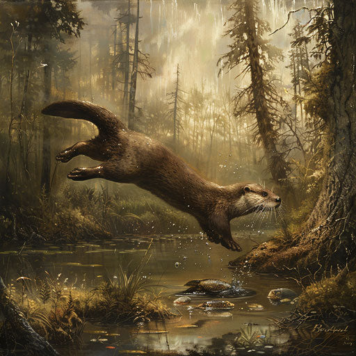Otter gracefully diving into forest pond
