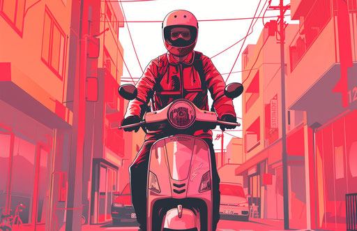 Delivery driver on scooter, light red and light maroon style