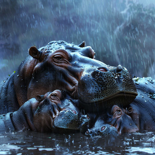 Hippos huddled in cool rain