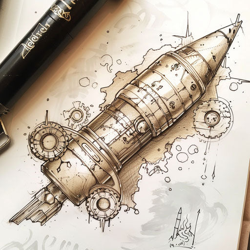 Flat tattoo sketch of a bullet with a mechanical gear and steampunk influences