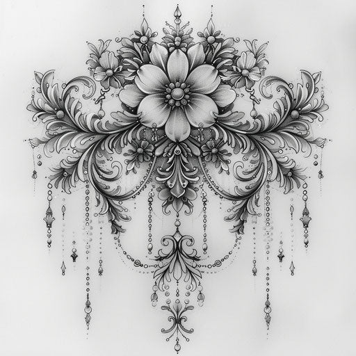 Elegant sketch of a cross stitch tattoo with lace patterns