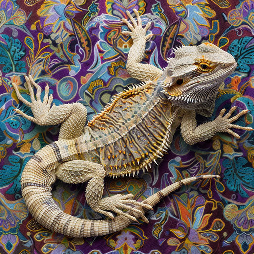 A bearded dragon resting on a vibrant tapestry