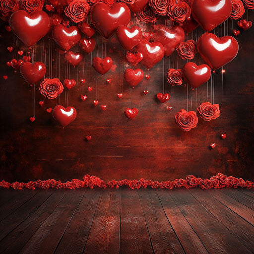 Valentine's Day photo backdrop with heart-shaped balloons and red roses
