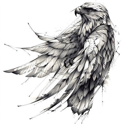 Stylized hawk tattoo, blending abstract art and dotwork