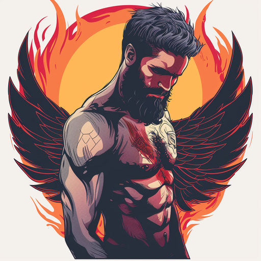 Flat tattoo sketch of Lucifer with angel wings and a halo of fire