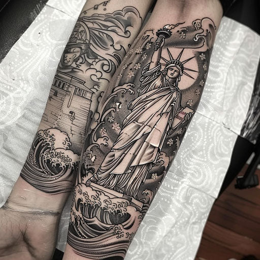 Japanese Irezumi-style tattoo sketch of Statue of Liberty with waves and cherry blossoms