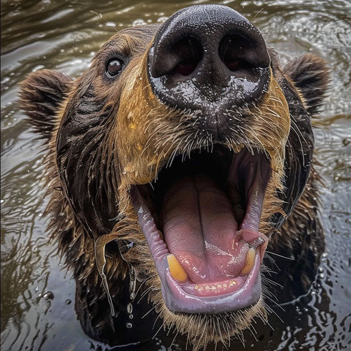 Closeup of sub bear's face with long tongue