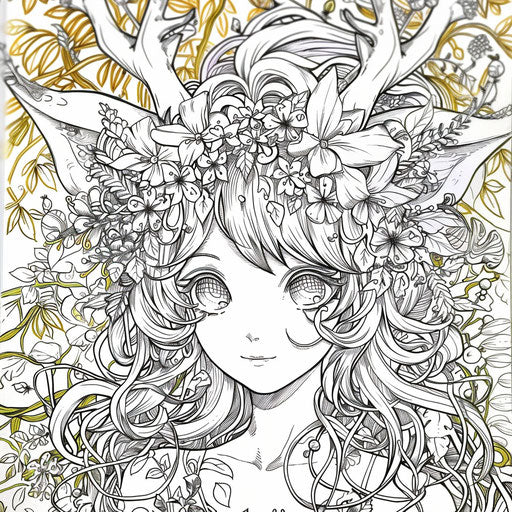 Anime character in a whimsical forest with intricate floral patterns