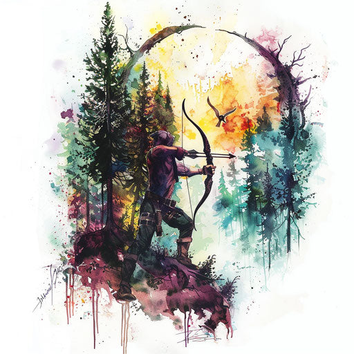 Bow and arrow hunting scene in vibrant watercolor style
