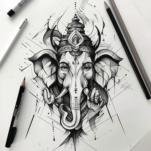 Artistic tattoo sketch of Ganesha, clipart style with bold strokes
