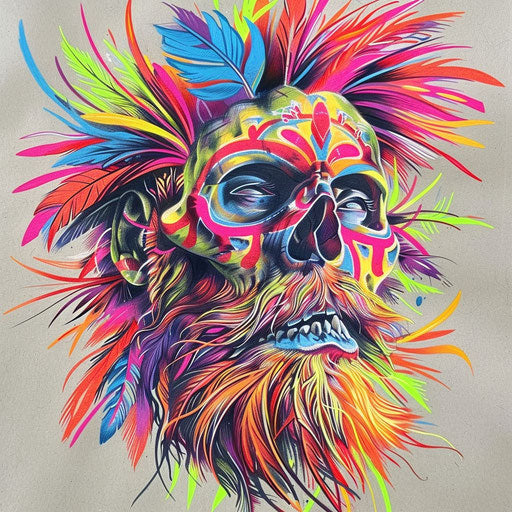 Vibrant flat tattoo sketch of a colorful shrunken head with bright tribal