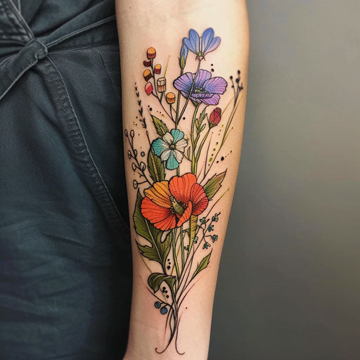 Surreal wildflower tattoo, dreamlike elements, unusual colors, imaginative design