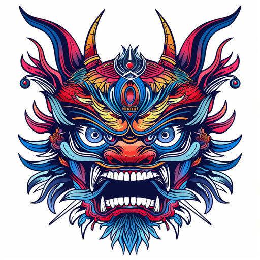 Vibrant tattoo sketch of a Tengu mask in clipart style with bold, flat colors