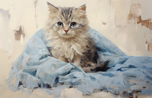 A kitten beside a white blanket, style light beige and dark azure, richly layered, energetic and bold, dullcore, delicate washes, elegantly formal, dark brown 17:11