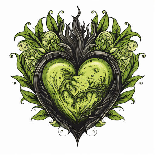 Hand drawn vegan heart label, mythological iconography style, light black and green