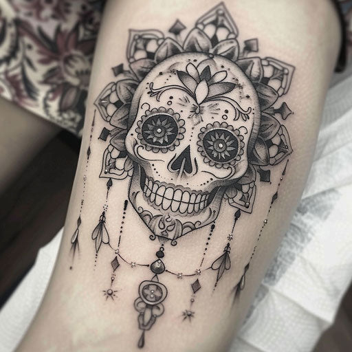 Sugar skull tattoo with mandala background design