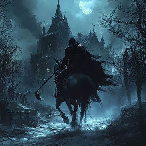 The headless horseman in black cloak, riding towards ominous haunted mansion