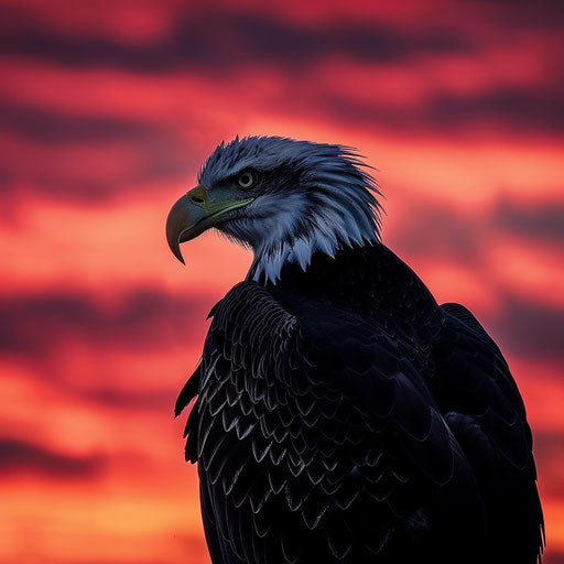 Bald eagle silhouette against a vibrant sunset, in the style of Tim Flach
