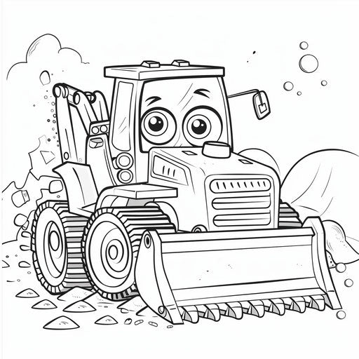 A cheerful whimsical bulldozer pushing dirt