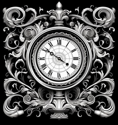Black and white clock in alchemical style, luxurious wall art
