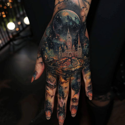 Surreal hand tattoo for women with cosmic elements