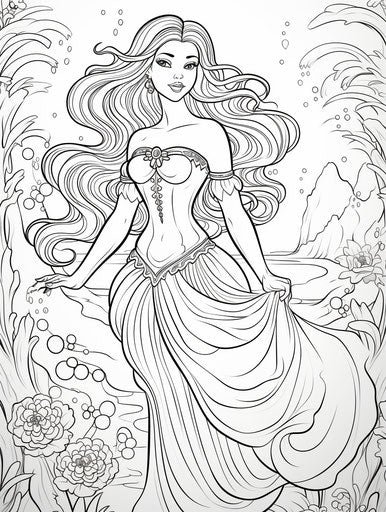 Coloring pages of the little mermaid, playful and colorful style