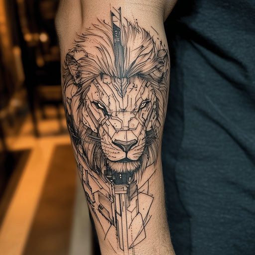 Lion forearm tattoo with futuristic armor