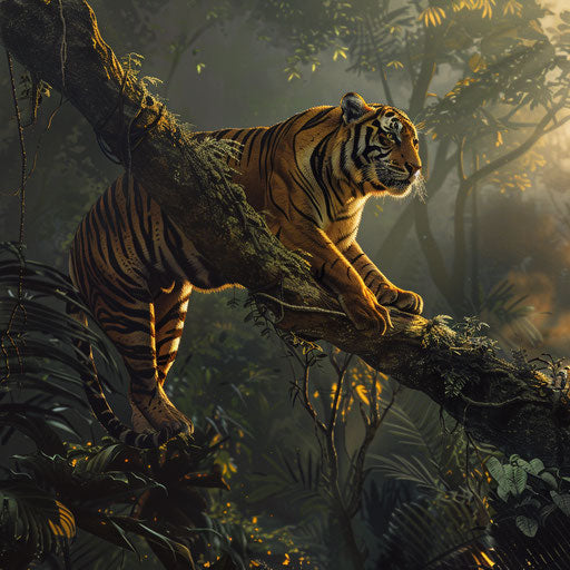 Sumatran tiger on a branch in the dense canopy
