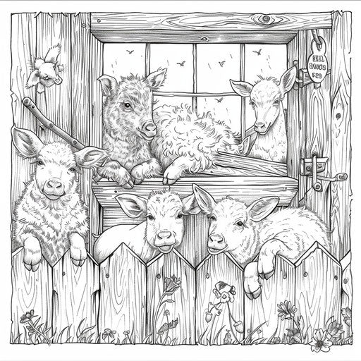 Playful scene of farm animals peeking out of the barn windows