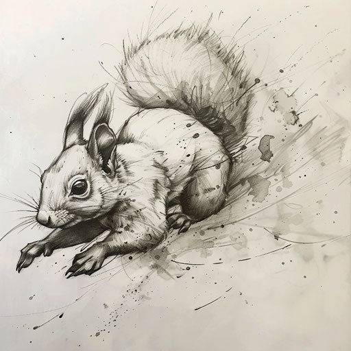 Dynamic flat tattoo sketch of a squirrel in fast motion