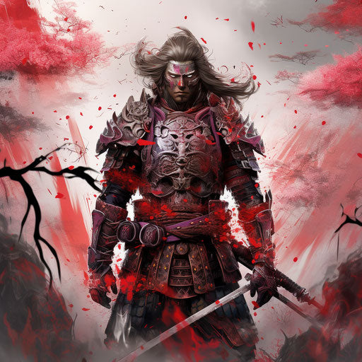 Samurai in armor, anime style, heavy outlines, gray and crimson