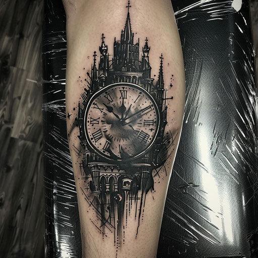 Tattoo of a gothic clock set to a significant hour
