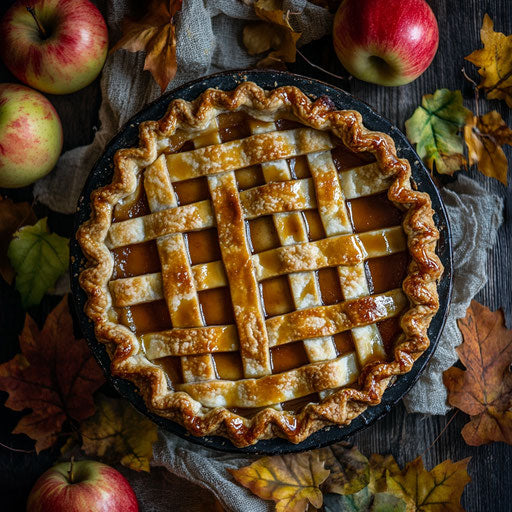 Apple pie with caramel, autumn leaves and fresh apples